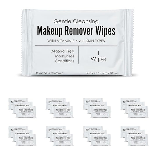 World Amenities - Bulk Makeup Remover Wipes | 50 Count | Individually Wrapped, Gentle Cleansing, Alcohol Free - All Skin Types - Vitamin E - 100% Recyclable, Hotel Travel Size Toiletries