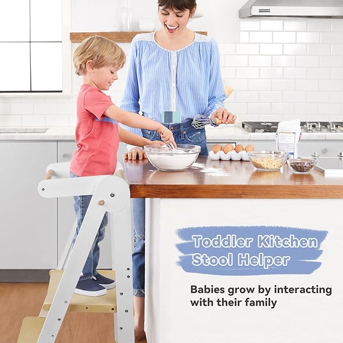 Foldable Toddler Kitchen Tower with Safety Rail, 3-Level Height Adjustable Montessori Kitchen Step Stool Helper, Standing Tower for Kids 2-6 Years, Toddler Helper Stool for Bathroom