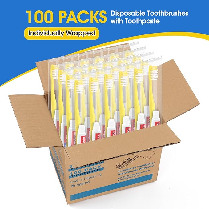 Homvle Disposable Toothbrushes with Toothpaste - 100 Packs Individually Wrapped Travel Toothbrushes Bulk, Medium Soft Bristles, Perfect for Travel Size Toiletries, OCC, Airbnb, Dentist, Office