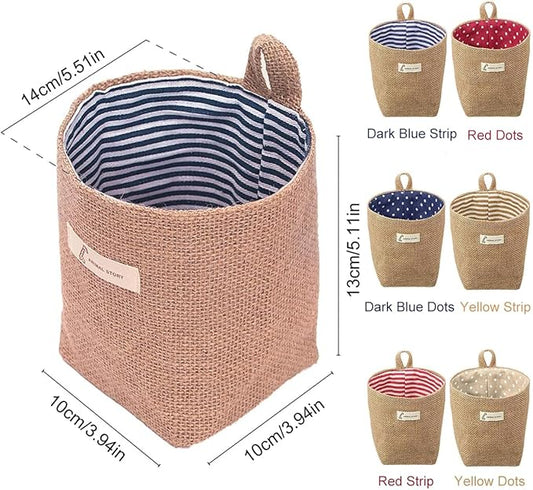 6 PCS Mini Hanging Storage Bags, Anberky Cotton Linen Small Storage Basket Wall Hanging Organizer Box Wall Mounted Storage Pocket Collapsible Decor Bin Bag with Handle for Wall Door Closet (#A)