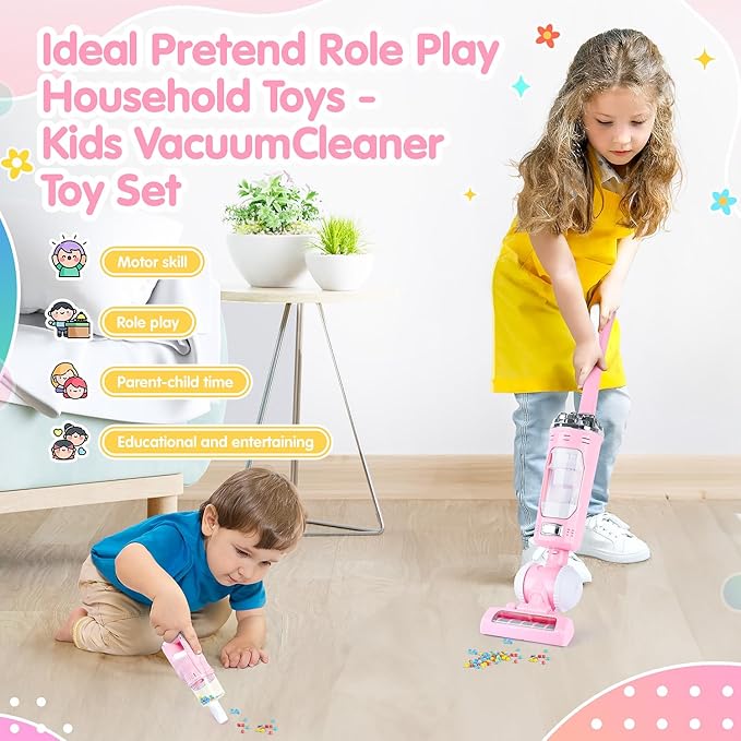 Kids Vacuum Cleaner Toy Set for Toddlers - 2PCS Toy Vacuum Sets for Toddlers 3+ Toddler Vacuum Toy That Works with Sound Effects, Baby Play Vacuum Pretend Role Play Household Housekeeping
