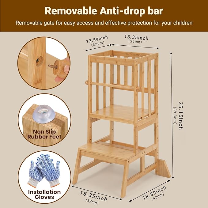 COSYLAND Height Adjustable Toddler Standing Tower - Toddler Kitchen Stool Helper Natural