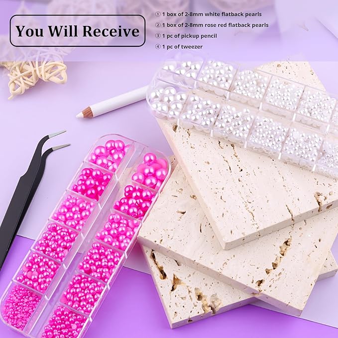 2 Boxes Flat Back Pearls Kit 9 2-8mm Flatback White&Rose Red Half Round Pearls with Pickup Pencil and Tweezer for Home DIY and Nail Art, Face Makeup and Craft