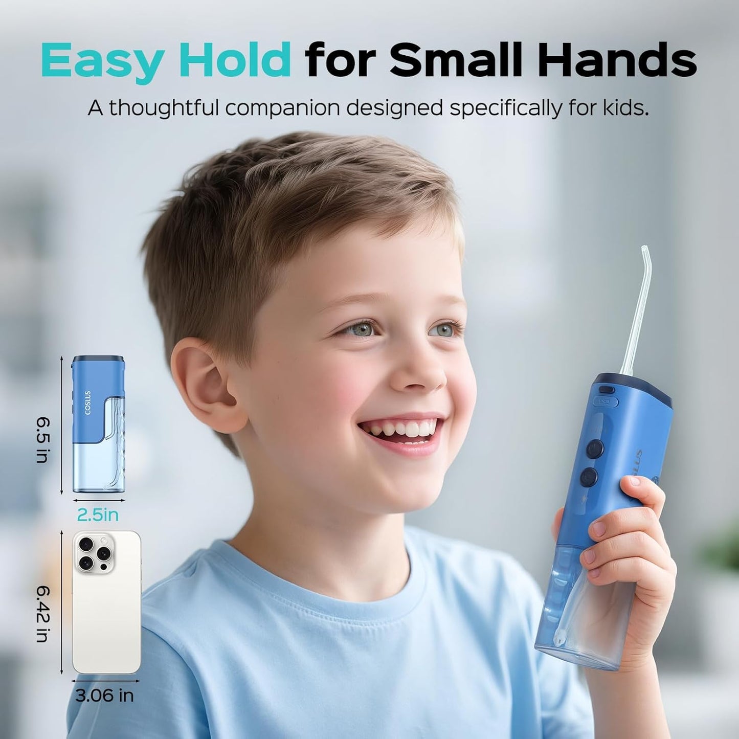 COSLUS Portable Water Flosser for Kids: 4 Gentle Modes for Ages 6+, Braces & Sensitive Teeth - with Fun DIY Stickers, 4 Storable Nozzles, Mini Compact for Home School & Travel Use, BPA-Free, Blue