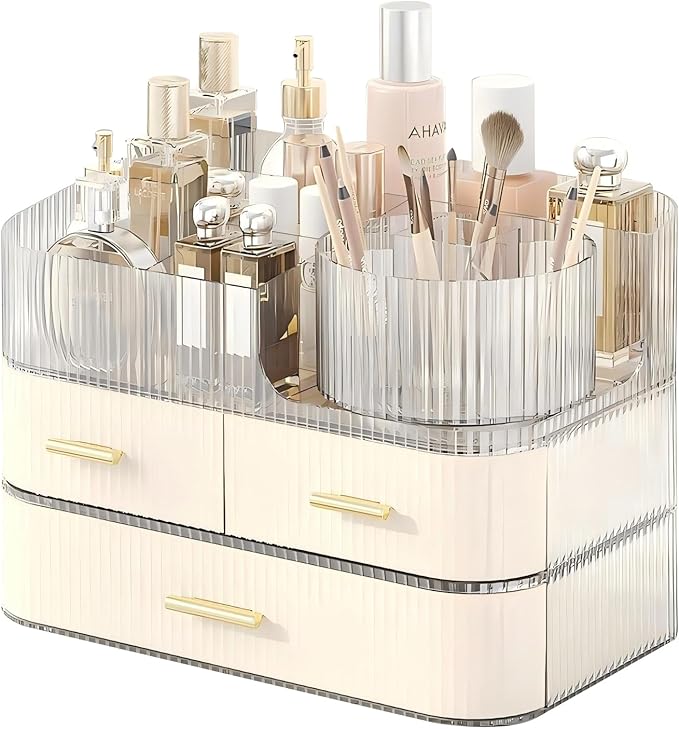 DASITON Makeup Organizer with Drawers and Rotating Makeup Brush Holder,Large Capacity Stackable Cosmetic Organizer Countertop,Bathroom Organizers and Storage,Make up Organizers for Vanity (Cream 03)