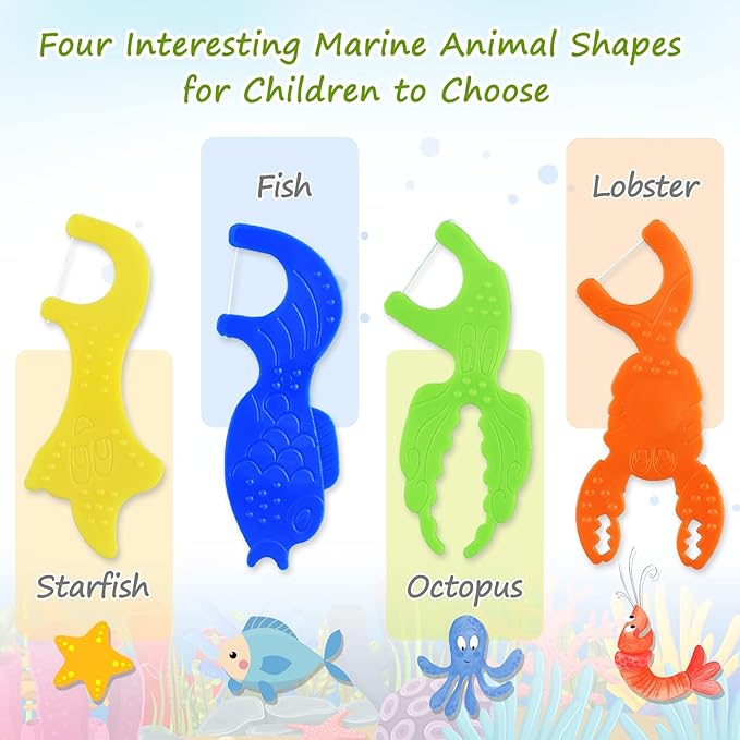 Kids Flossers, Kids Dental Floss Picks Without Fluoride, Unflavored, 4 Colors Ocean Animals Shaped Makes Flossing Fun, 50 Count (Pack of 3)