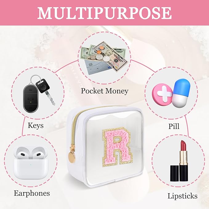 Mini Clear Personalized Initial Makeup Bag,Nylon Preppy A-Z Chenille Letter Patch Zipper Cosmetic Bag, Small Cute Beach Pouch Travel Purse Sanitary Napkin Storage Bag for Women Girls(White-Pink R)
