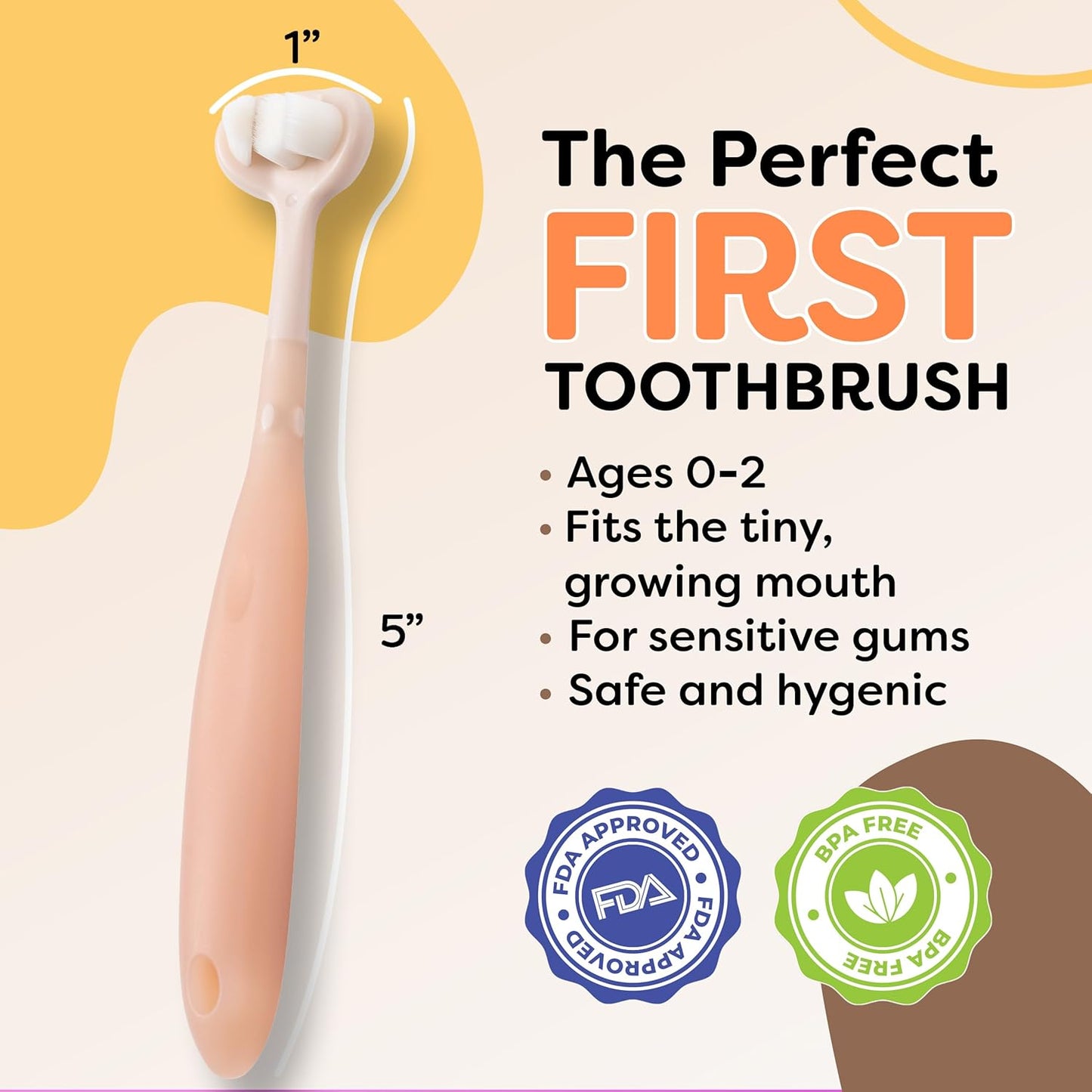 Trueocity Baby Toothbrush 12 Months and Up, Toddler Toothbrush, Extra Soft Toddler Toothbrushes 1-2 2-4, Toothhugger High Efficient 3 Sides,Infant Training Brush, 10,000 Ultra-Soft bristles (Apricot)