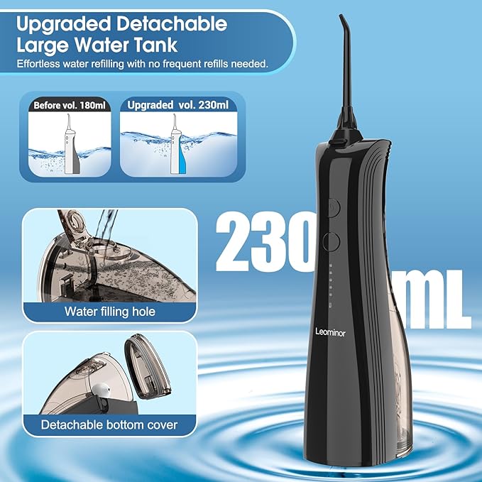 Leominor Water Dental Flosser - 5 Modes Cordless Portable Oral Irrigator, IPX7 Waterproof, Rechargeable Teeth Cleaner Upgrade Datchable Tank Professional Flossing Cleaning Pick for Home Travel (Black)