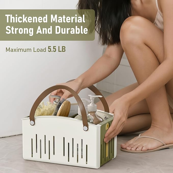 Delamu Portable Shower Basket Caddy with Double Handle Foldable Dry Wet Separation Design 11.0 × 7.1 × 6.5in, Travel, Camping, Gym, College Bathroom Tote, WhiteGreen, Ideal Christmas Gifts for Girls