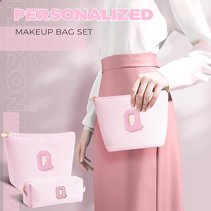 Personalized Makeup Bag for Women Girls - Fashion Cosmetic Bag Trendy Travel Toiletry Bag with Initials Letter - Teen Gifts - Pink,Q