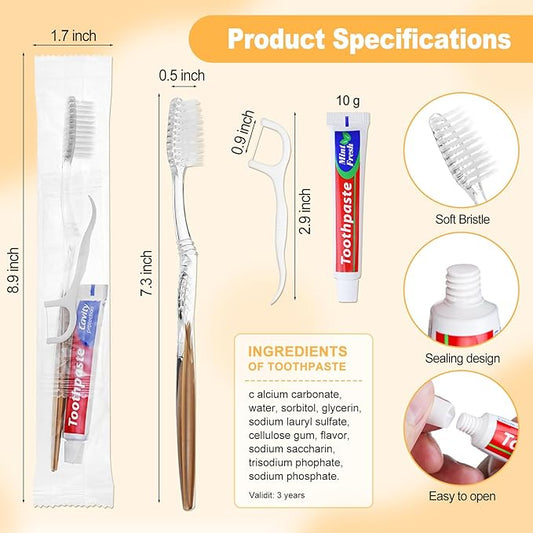 100pcs Disposable Toothbrushes with Toothpaste Floss Individually Wrapped, Disposable Toothbrush Bulk, 10g Toothpaste, Dental Floss Pick, Bulk Toothbrush Kit for Homeless,Airbnb,Hotel,Guest