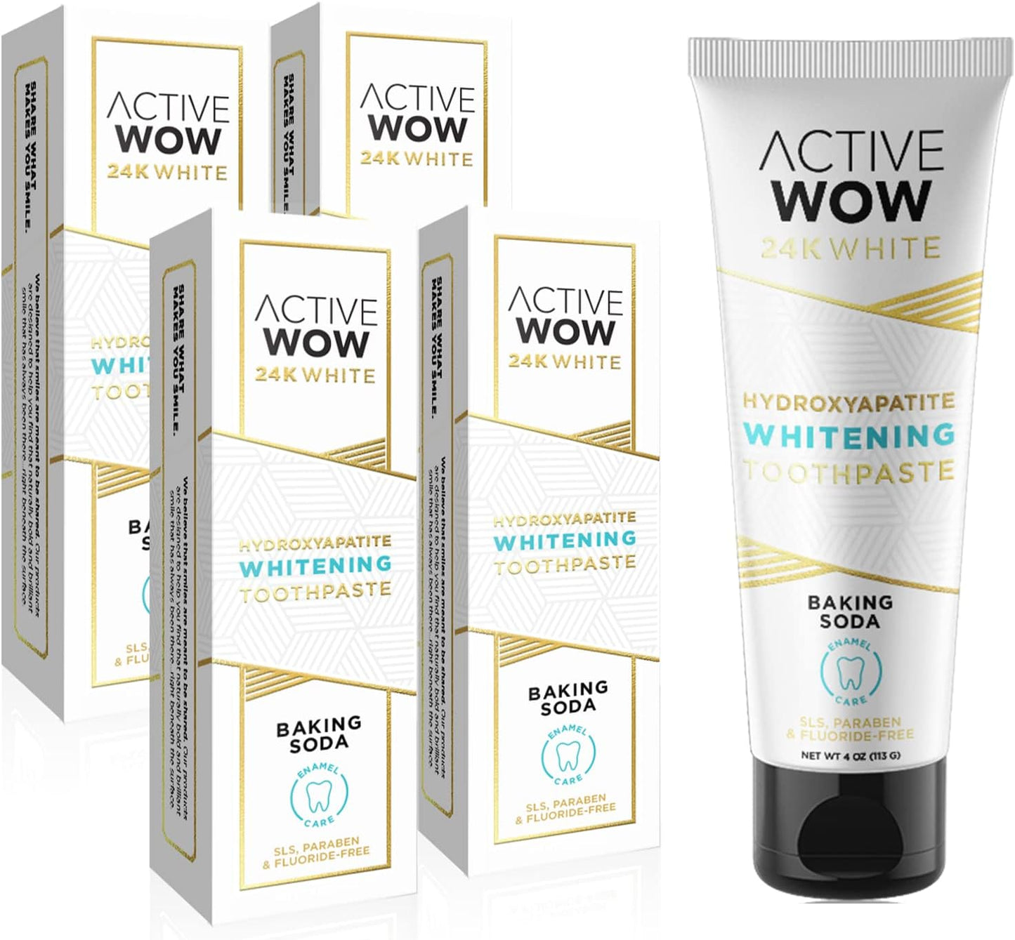 Active Wow 24k White Hydroxyapatite Whitening Toothpaste – Sensitive, Remineralizing, Paraben & Fluoride Free – Baking Soda & Fresh Mint, 4oz (4-Pack)