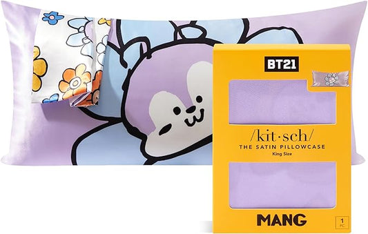 Kitsch x BT21 (Mang) Satin Pillowcase with Zipper for Hair & Skin - Softer Than Silk Pillow Cases, Smooth Cooling Pillow Cover, Wrinkle-Free, Machine Washable, King Size (19x36)
