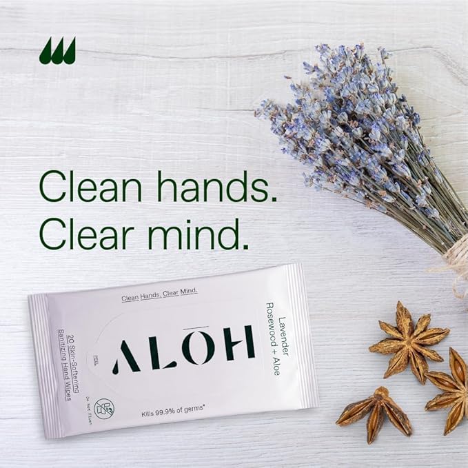 ALH Lavender Rosewood + Aloe Sanitizing Hand Wipes - Clean Hands, Clear Minds - On The Go Sanitizing Wipes for Kids and Adults - Travel Size 3 Pack, 20ct
