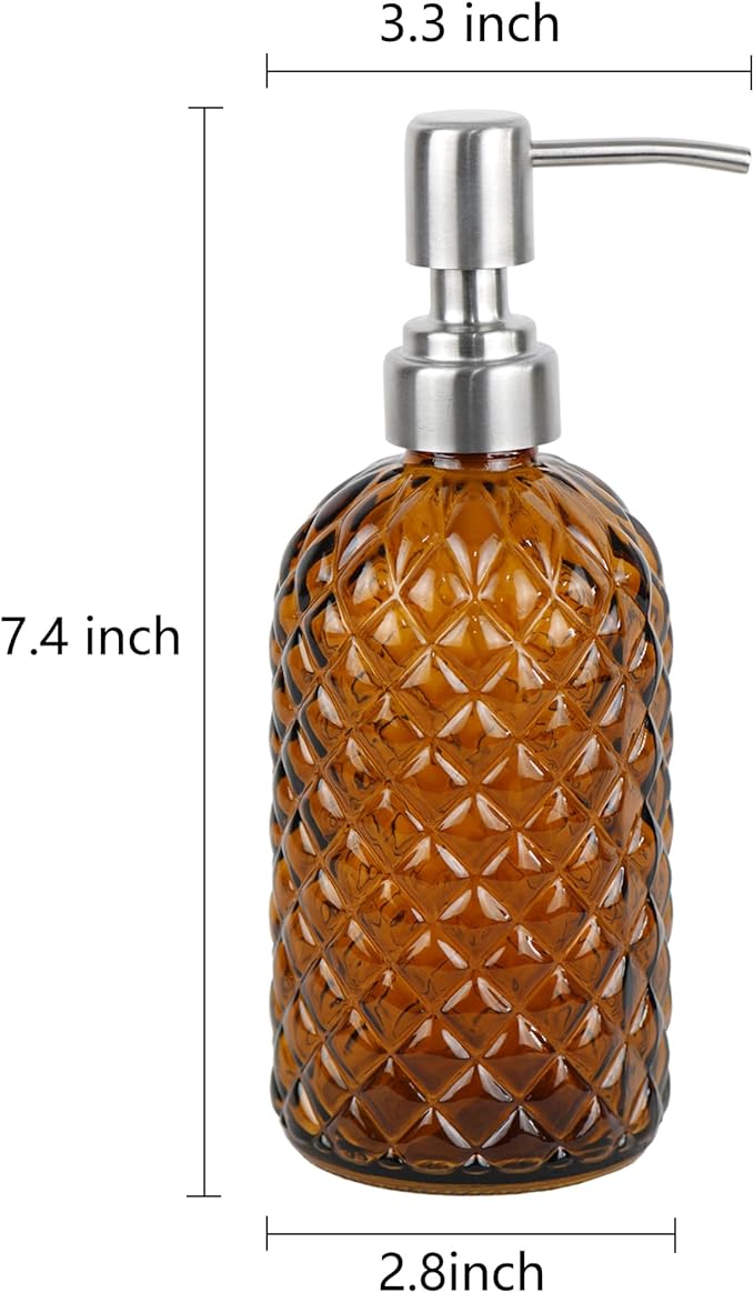 16 oz Diamond Pattern Glass Soap Dispenser, Kitchen and Bathroom Refillable Soap Dispenser with Rust Resistant Stainless Steel Pump for Hand Soap, Lotion Glass Liquid Dispenser(Amber-2pack)