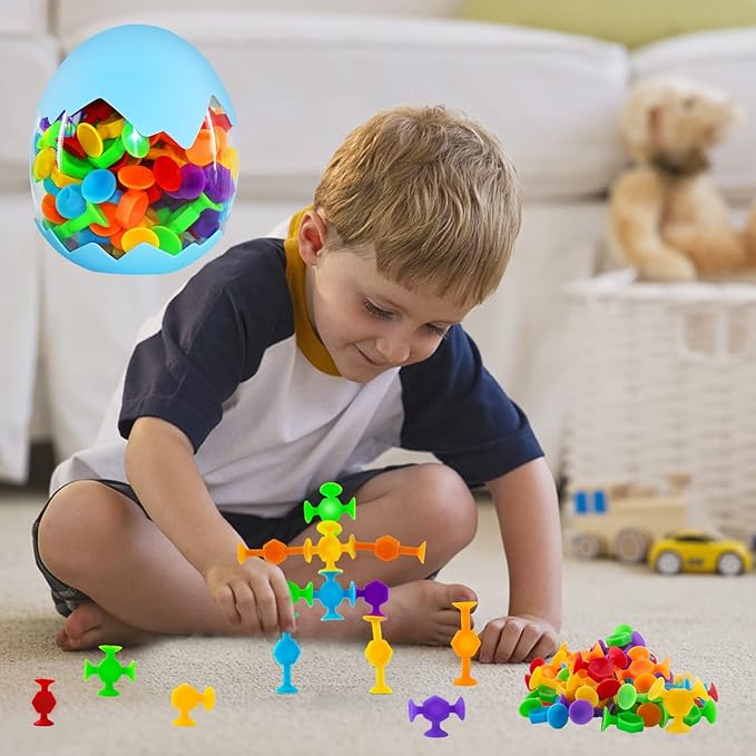 48 Pcs Bath Toys for Kids Ages 3+, Sensory Toys for Autistic Children, Travel Window Stem Learning Toys, Bathtub Toys with Dinosaur Eggshell Storage Christmas gifi for Kids