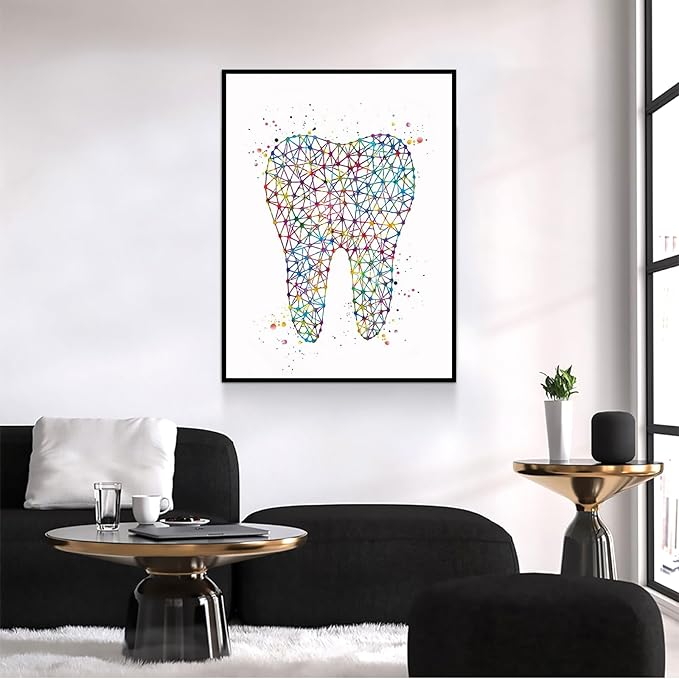 HFKSRJGW Medical Decor Artworks,Dental Art Watercolor Print Medical Art Molar Teeth Orthodontic Orthodontist Clinic Office Dentist Geometrical Art Dentistry Wall Art,16""x20""Framed Wall Art, white 5