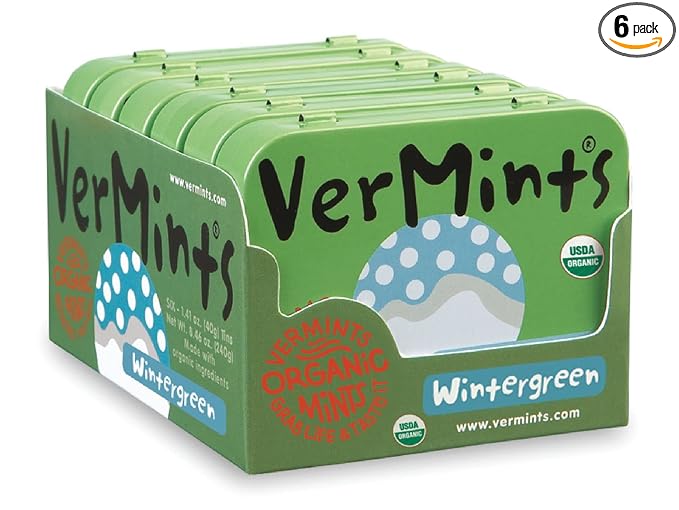 VerMints Organic Breath Mints Wintergreen - Real Long-Lasting Refreshment, Travel Size Tin - Non-GMO, Vegan, Nut Free, Gluten Free & Kosher Organic Candy Mints- 1.41oz Tins (Pack of 6)