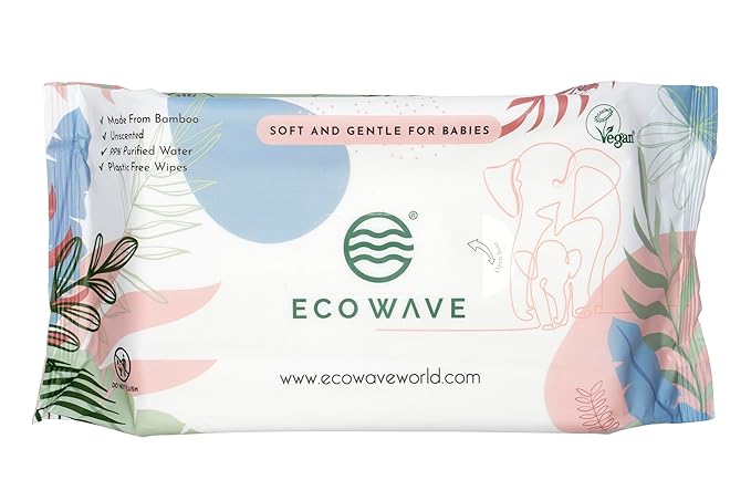 Eco Wave Baby Wipes, 100% Compostable Eco-Friendly Bamboo Wipes, Unscented, Hypoallergenic, Vegan, Alcohol-Free, Suitable For Sensitive Skin (Pack of 4)