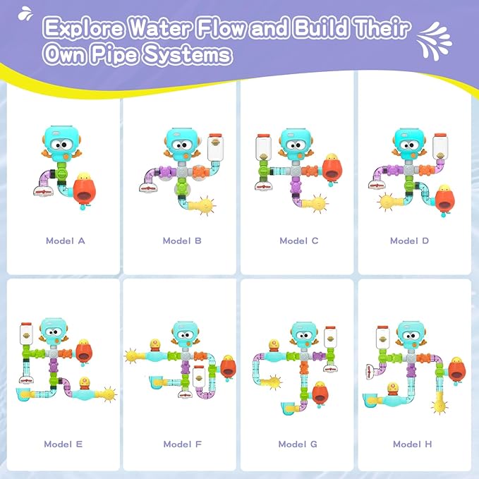 STEM Building Bath Toys for Kids Ages 3-8 | DIY Water Pipe Assembly Kit with Suction Cups | Educational Bathtub Toys for Toddlers 3+ | Creative Tub Time Birthday Gifts for Boys & Girls