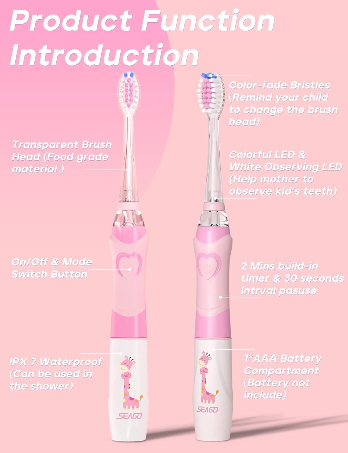 SEAGO Kids Electric Toothbrush with 2 Mins Timer and 4 Replacement Bursh Heads, Rainbow LED Light Make Brushing Fun, Pink Color Girls Battery Powerd for 4-12 Years Old，SG-977