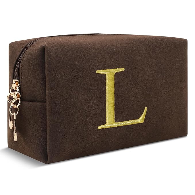 Personalized Initial Makeup Bag,Preppy Suede Cosmetic Bag for Teen Girls,Small Monogram Travel Toiletry Bag With Gold Embroidered Letter,Trendy Stuff Custom Christmas Gift for Women(Coffee-L)