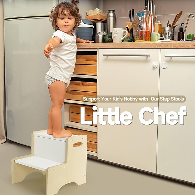 WOOD CITY Kids Step Stool for Toddler, Wooden Natural-White Patchwork Two Step Children's Stool with Handles, Bonus Non-Slip Pads for Safety, Bathroom Potty Stool & Kitchen Step Stools Dual Height