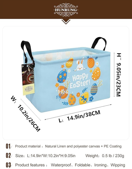 HUNRUNG Rectangle Storage Basket Cute Canvas Organizer Bin for Pet/Children Toys, Books, Clothes Perfect for Rooms/Playroom(Rabbit Easter Egg)
