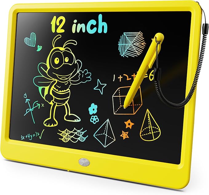 KOKODI LCD Writing Tablet, 12 Inch Colorful Toddler Doodle Board Drawing Tablet, Erasable Reusable Electronic Drawing Pads, Educational and Learning Toy for 3-6 Years Old Boy and Girls(Yellow)