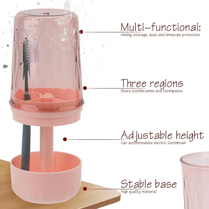 Toothbrush Holder Stand with Cup/Cover, Adjustable Height Toothbrush Organizer with 3 Slots, Portable for Bathroom, Travel, Camping (Pink)