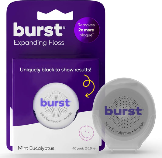 BURST Expanding Dental Floss (Mint Eucalyptus/40 Yards) | Stain Absorbing & Woven Tooth Floss with Xylitol Coating to Fight Cavities | Vegan | Paraben Free Expanding Floss