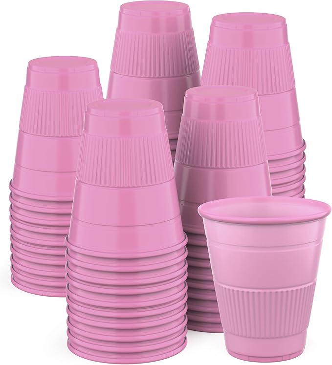 Disposable Cups | 50 Pack | 5 oz Plastic Cups, Small Bathroom Cups Perfect as Medicine, Water, Rinsing, Mouthwash Cups, Party Cups, Dental Cups, Multicolor Cups for Kids | Pink Cups