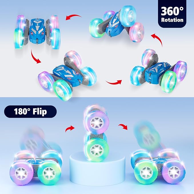 Remote Control Car for Boys 6-12 with Flashing Light, 6 7 8 9 Years Old Boy Toys, RC Cars Stunt 4WD Double Sided 360 Flip, Boy Gift Idea for Kids Birthday Present Christmas Indoor Outdoor Blue