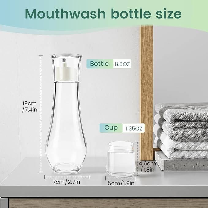 Tokusatsu Mouthwash Dispenser for Bathroom, 8.8 oz Clear Glass Refillable Mouthwash Container Bottle with Lid Cup for Countertop, 1 Pack