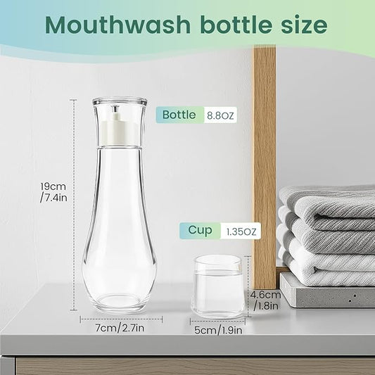 Tokusatsu Mouthwash Dispenser for Bathroom, 8.8 oz Clear Glass Refillable Mouthwash Container Bottle with Lid Cup for Countertop, 1 Pack