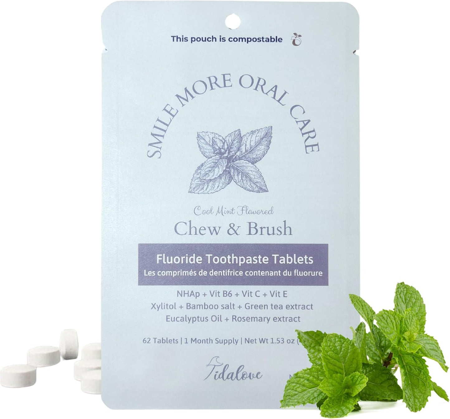 Smile More Toothpaste Tablets with Fluoride & nHAp - Vegan, Enamel Strengthening, Zero Waste, Paper Refill, 62 Tablets, Cool Mint, 1 Month Supply, Travel-Friendly