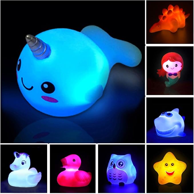 Bath Toys (8 Packs Rubber Animals Toys) Light Up Floating Rubber Toys Flashing Color Changing Light in Water Bathtub Shower Games Toy for Baby Kids Toddler Child