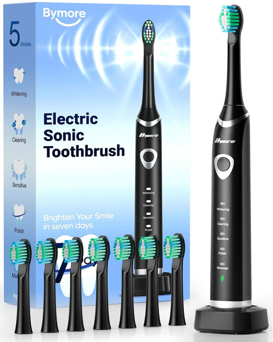 Bymore Electric Toothbrush for Adults,Travel Sonic Toothbrush with 8 Replacement Heads, Ultra Clean Rechargeable Toothbrush Portable One Charge for 330days 5 Modes 2mins Timer-Black
