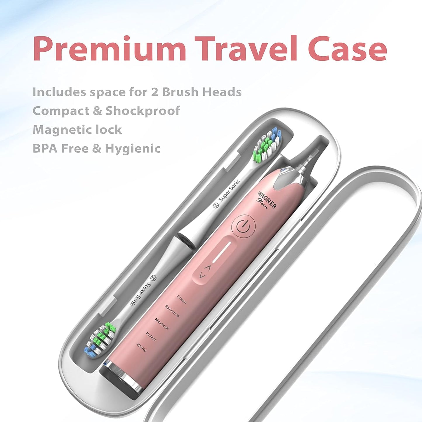 Wagner Stern Ultrasonic whitening Toothbrush with Pressure Sensor. 5 Brushing Modes and 4 Levels of Intensity, 8 Soft bristles, Travel case.