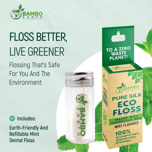 Biodegradable Mint Dental Tooth Lace Floss With Refillable & Reusable Glass Holder - 100% Organic Natural and Compostable Teeth Silk Spool Waxed With Candelilla Wax & Eco-Friendly Zero Waste Packaging