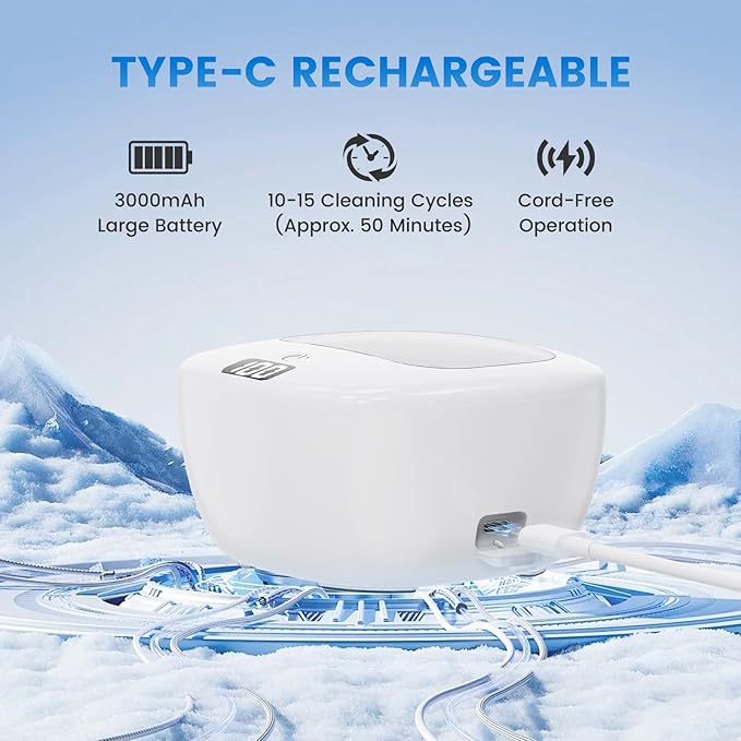 Ultrasonic Retainer Cleaner Machine | Rechargeable | Cordless | IPX7 Waterproof | Portable | 120ML | 2 Modes with Digital Timer for | Denture | Aligner | Night Guard | Mouth Guard | Jewelry | White