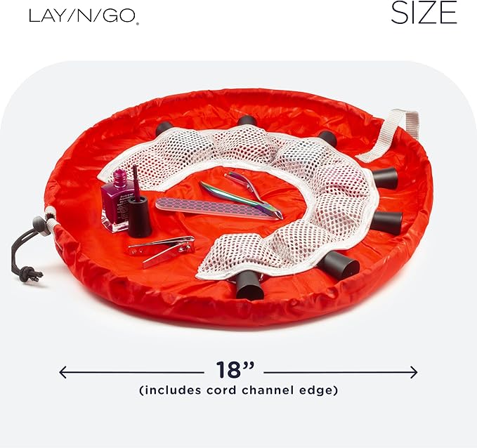 Lay-n-Go NailSpa Drawstring Cosmetic Bag - Portable Nail Supplies Organizer Bag w/ 8 Elastic Mesh Pockets & Circular Center - Durable, Machine Washable Nail Kit Organizer (18", Red)