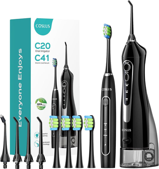 COSLUS Portable Water Flosser with Electric Toothbrush Combo: 2-in-1 Oral Clean Kit for Teeth, Braces, Gums Care - Brushing & Flossing for Adults, Family, Travel Use, BPA-Free, Black, C20 & C41