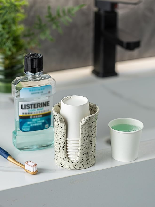 Bathroom Cup Dispenser 3 Oz, Bathroom Cup Holder for Dixie Cups Mouthwash Cup Dispenser, Small Paper Cups Holder for Bathroom Countertop, Ceramic, Speckled White