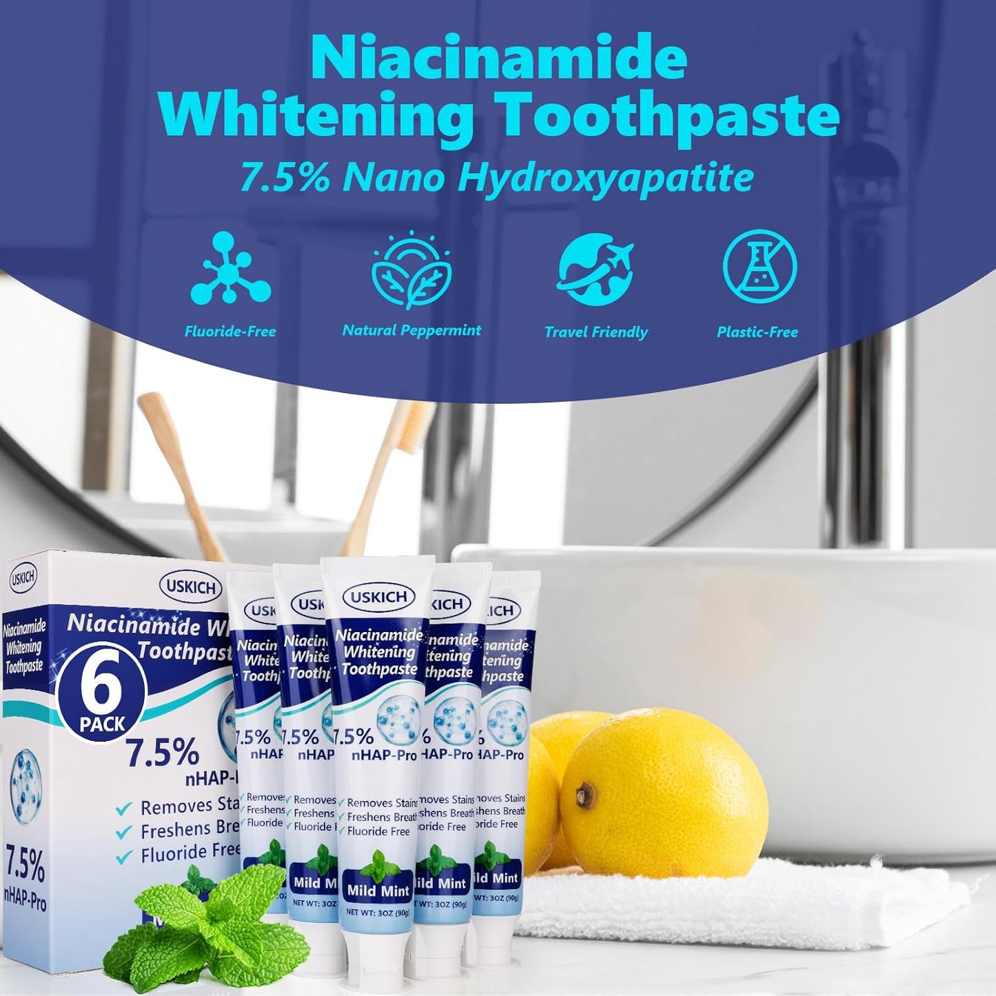 7.5% Nano Hydroxyapatite Toothpaste,6 Pack Fresh Breath Whitening Toothpaste for Remineralizing Enamel & Sensitive Relief,Antiplaque,Natural Peppermint,Fluoride-Free