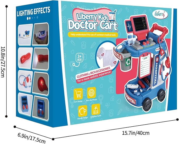 Liberry Doctor Kit for Kids Aged 3 4 5, Pretend Doctor Playset for Toddlers with Cart, Costume and Stethoscope, Role Play Medical Toy for Girls Boys