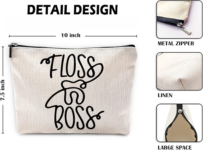 Sufamb Floss Boss Makeup Bag, Funny Dental Assistant Cosmetic Pouch for Women Girls, Funny Gifts for Dentists Women Dental Hygiene Hygienist,Dental Assistant Gifts