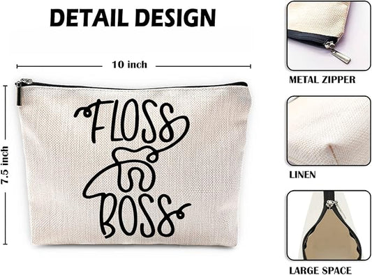 Sufamb Floss Boss Makeup Bag, Funny Dental Assistant Cosmetic Pouch for Women Girls, Funny Gifts for Dentists Women Dental Hygiene Hygienist,Dental Assistant Gifts