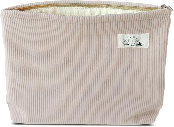 HAPPYHEIDI Large Corduroy Makeup Bag Pocket Cosmetic Toiletry Travel Pouch Office Car Accessory Organizer, Soft Creamy Tea White